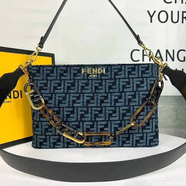 Cheap HOT O'Lock Fabric Shoulder Tapestry FF Zip Bag Blue Fendi In 0530